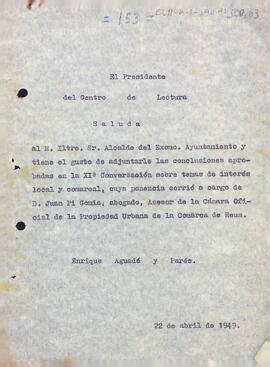 Carta del president informant l'alcalde de Reus de les conclusions aprovades durant l'onzena sessió de converses sobre temes d'interès local i comarcal