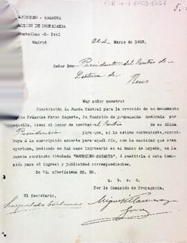 Carta de la junta Central de la Comisión de Propaganda convidant al president del Centre de Lectura a col·laborar en la subscripció creada per aconseguir el finançament pel mausoleu de Práxedes Mateo Sagasta