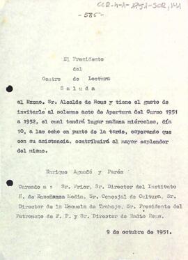 Carta d'invitació del president a l'acte d'inauguració del nou curs 1951-1952