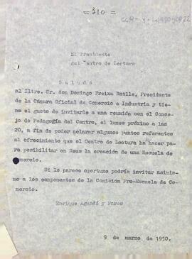 Invitació a Domingo Freixa a una reunió