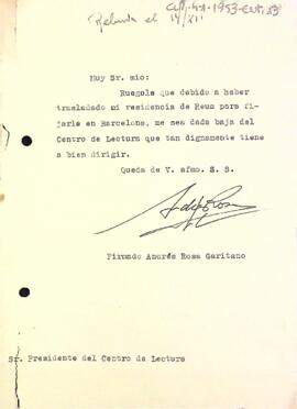Carta d'Andrés Rosa Garitano al president de Centre de Lectura