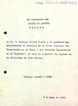 Carta d'agraïment del president a Domènech Moliné Nicola