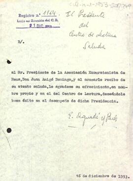 Carta d'Enric Aguadé al president de l'Associació Excursionista de Reus
