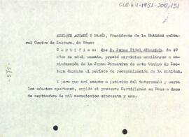 Carta del president certificant que Jaume Piñol Alberich havia prestat serveis auxiliars ajudant a la junta directiva