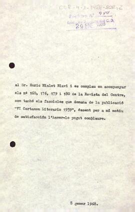 Carta a Enric Mialet fent donatiu de la Revista del Centre de Lectura
