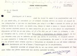 Carta de Pere Serramalera a la Secció Excursionista