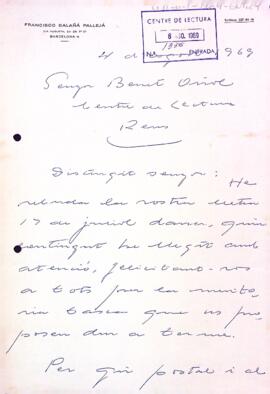 Carta de Francisco Balañá a Benet Oriol