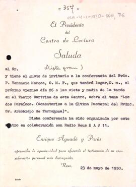 Invitació sense destinatari per assistir a una conferència al Centre de Lectura