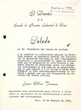 Carta del director de la Escuela de Maestría Industrial de Reus al president del Centre de Lectura