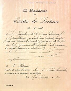 Carta d'Evarist Fàbregas a Francisco Peris Mencheta, propietari de "El Noticiero Universal" reclamant la recepció de la publicació