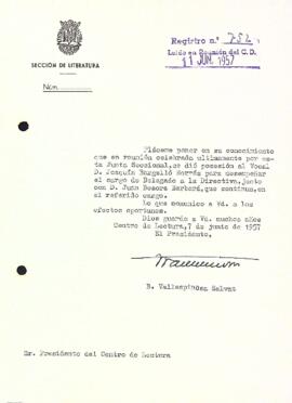 Carta de la Secció de Literatura al president del Centre de Lectura