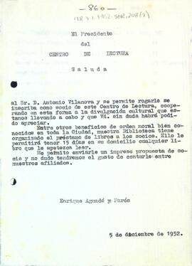 Carta d'Enric Aguadé Parés a Antonio Vilanova