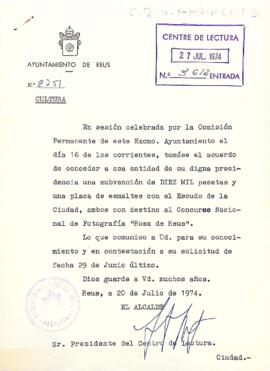 Carta de l'alcade de Reus al president del Centre de Lectura