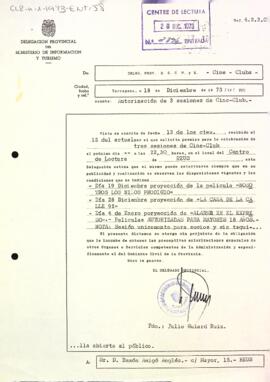 Autorització per a la projecció de tres sessions del Cineclub