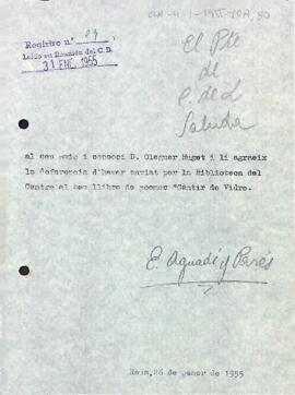 Agraïment a Oleguer Huguet pel donatiu d'un llibre