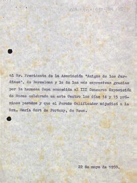 Agraïment per la concessió d'una copa per al III Concurs-Exposició de Roses