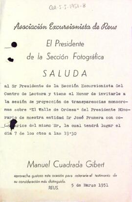 Carta de la Secció Fotogràfica de l'Associació Excursionista de Reus a la Secció Excursionista