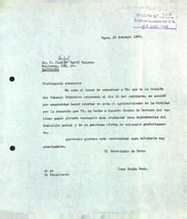 Carta d'agraïment del president a José Miquel Martí Baiges