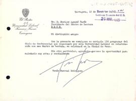 Carta del rector de la Universitat laboral Francisco Franco de Tarragona al president del Centre de Lectura