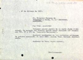Carta del bibliotecari al director-gerent de Montaner y Simón editores confirmant la recepció dels volums de l'obra Geografia Universal