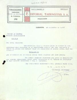 Carta del Diario de Tarragona a la Secció Excursionista