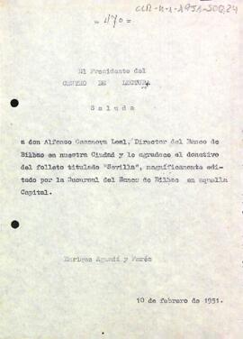 Carta d'agraïment del president al director del Banc de Bilbao a Reus pel donatiu d'un fulletó