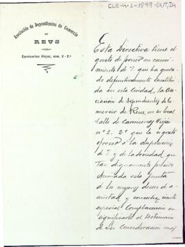 Carta de l'Associació de Dependientes de Comercio de Reus comunicant al president del Centre de Lectura la constitució de l'anomenada associació