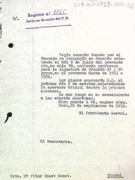Carta del president accidental a M. Pilar Bonet Canut