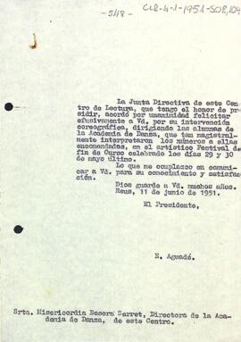 Carta del president a Misericòrdia Besora per l'actuació de les alumnes de l'Escola de Dansa
