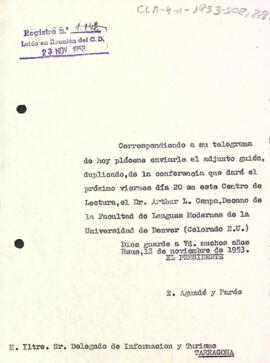 Carta del president al delegat d'informació i turisme