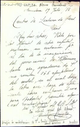 Carta d'Emili Cruells al president del Centre sol·licitant cartells del Certamen en el qual hi hagi la lletra per a compondre el cor que l'acompanyi