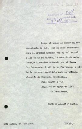 Carta del president a l'alcalde de Reus