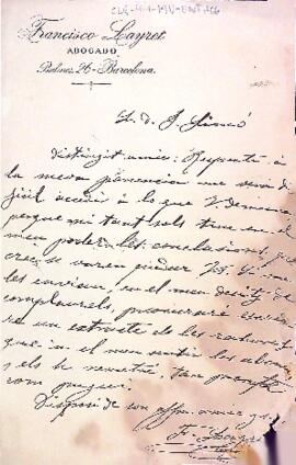 Carta de Francisco Layret a Jaume Simó Bofarull