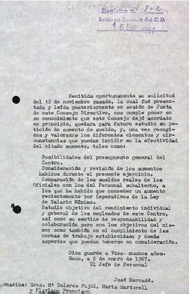 Carta del cap de personal a M. Dolors Pujol, Maria Martorell i Flaviano Francisco