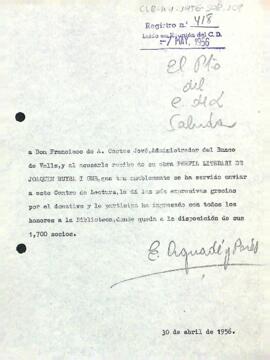 Carta d'agraïment del president a l'administrador del Banc de Valls pel donatiu d'una obra