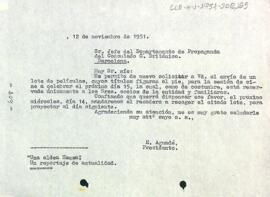 Carta del president al cap del departament de propaganda del consolat britànic a Barcelona per sol·licitar que se'ls hi enviï el lot de pel·lícules anotades