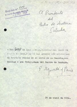 Carta d'agraïment del president al director del Banc d'España a Reus
