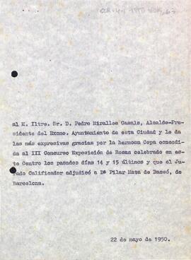 Agraïment per la concessió d'una copa per al III Concurs-Exposició de Roses
