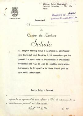 Carta del secretari del Centre a Alfons Puig comunicant l'enviament de la biografia