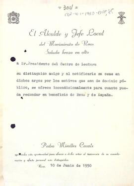L'alcalde de Reus informa de la seva finalització en el càrrec