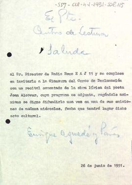 Carta del president convidant al director de Ràdio Reus al recital comentat de l'obra de Joan Alcover