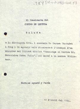 Carta d'agraïment del president a M. Teresa Barrufet Puig