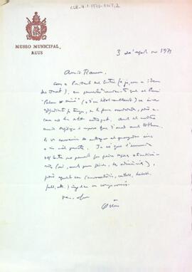 Carta de Salvador Vilaseca a Ramon Amigó