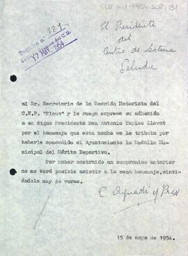 Carta del president al secretari de la Secció Motorista del C.N.R. Ploms