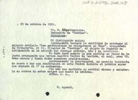 Carta del president sol·licitant al redactor de la revista Destino l'entrega d'un article de l'entitat perquè aquest sigui publicat al pròxim número