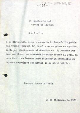 Carta d'agraïment del president a Joaquim Puigrodon