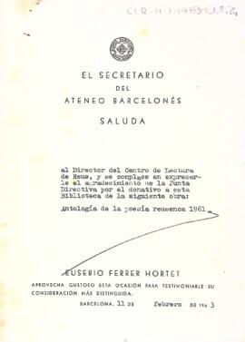 Carta d'agraïment de l'Ateneu Barcelonès al Centre de Lectura