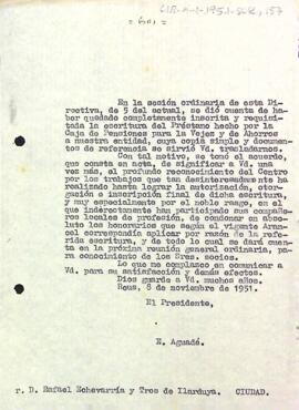 Carta d'agraïment del president a Rafael Echevarría y Tros de Ilarduya per haver contribuït a inscriure i registrar el préstec de la Caixa de Pensions