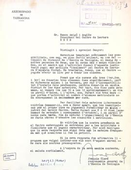 Sol·licitud del l'Arquebisbat de Tarragona demanant poder cursar una part de l'activitat docent de l'Escola de Teologia al Centre de Lectura