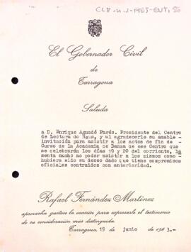 Carta del governador civil de la província de Tarragona al president del Centre de Lectura